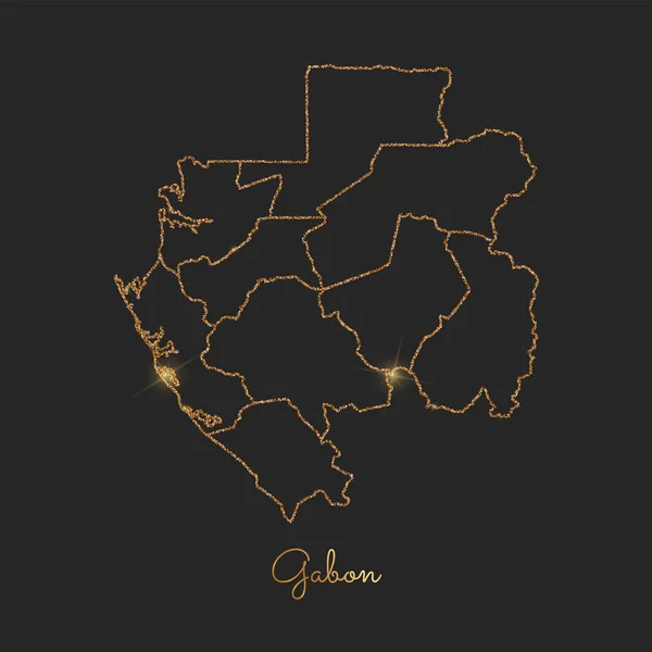 Gabon region map golden glitter outline with sparkling stars on dark background Detailed map of — Stock Vector