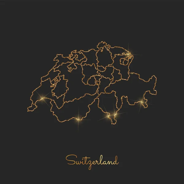Landkarte Schweiz Goldener Glitzerumriss mit funkelnden Sternen auf dunklem Hintergrund Detailkarte — Stockvektor