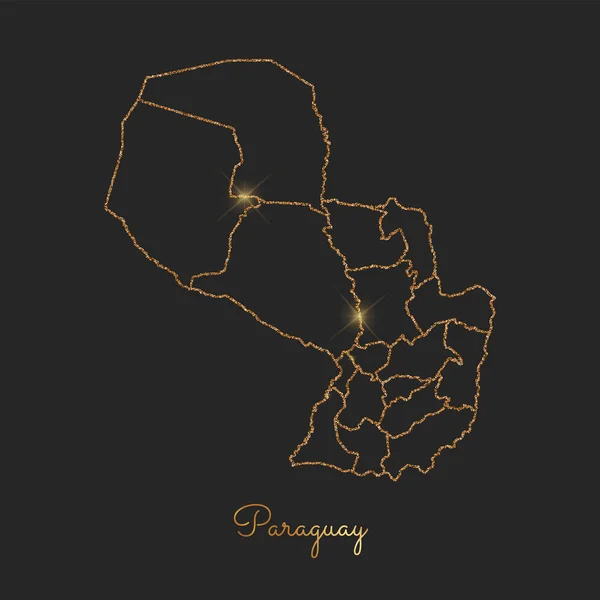 Paraguay region map golden glitter outline with sparkling stars on dark background Detailed map of — Stock Vector