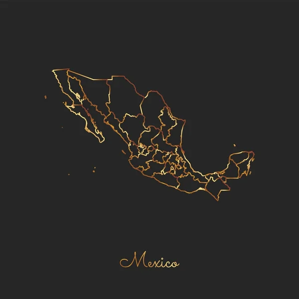 Mapa de la región de México contorno de degradado dorado sobre fondo oscuro Mapa detallado de las regiones de México — Archivo Imágenes Vectoriales