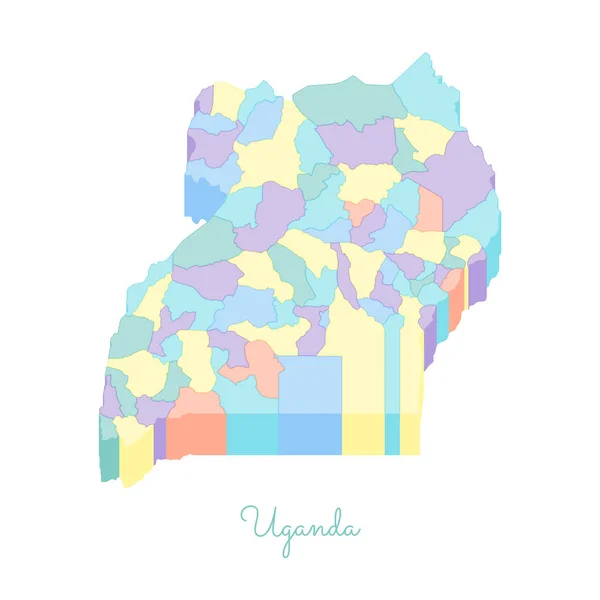 Mapa da região de Uganda vista superior isométrica colorida Mapa detalhado das regiões de Uganda ilustração vetorial — Vetor de Stock