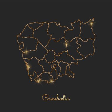 Kamboçya bölgesi harita altın glitter anahat parlak yıldız koyu arka planda ayrıntılı göster
