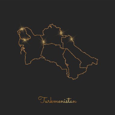 Türkmenistan bölgesi harita altın glitter anahat koyu arka plan ayrıntılı üzerinde parlak yıldız ile