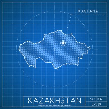 Kazakistan blueprint Haritası şablonu ile başkent Astana blueprint kazak harita üzerinde işaretlenmiş