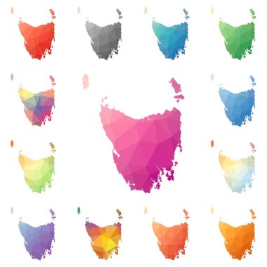 Tazmanya geometrik poligonal mozaik tarzı ada koleksiyonu parlak soyut mozaik düşük haritalar