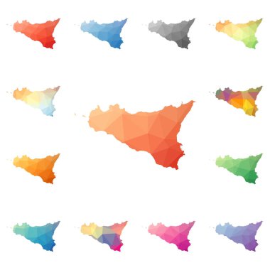 Sicilia geometrik poligonal mozaik tarzı ada koleksiyonu parlak soyut mozaik düşük haritalar