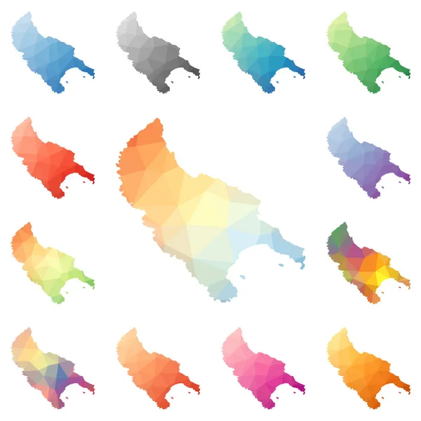 Isla de Zakynthos geométrico mosaico poligonal estilo isla mapas colección Bright abstract — Vector de stock