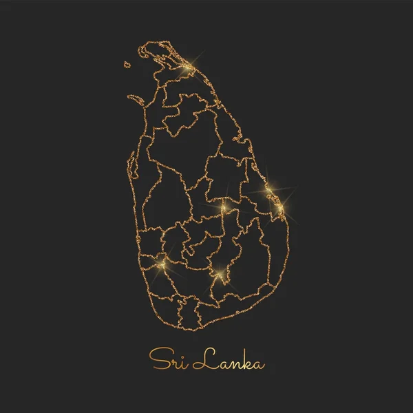 Sri Lanka region map golden glitter outline with sparkling stars on dark background Detailed map — Stock Vector