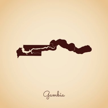 Gambiya bölgesi harita retro tarzı kahverengi anahat eski kağıt arka planda ayrıntılı harita Gambiya
