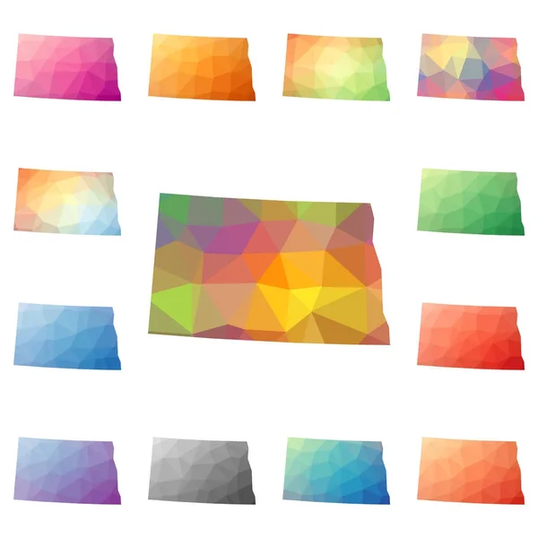 Dakota du Nord géométrique mosaïque polygonale style nous état cartes collection Lumineux abstrait — Image vectorielle