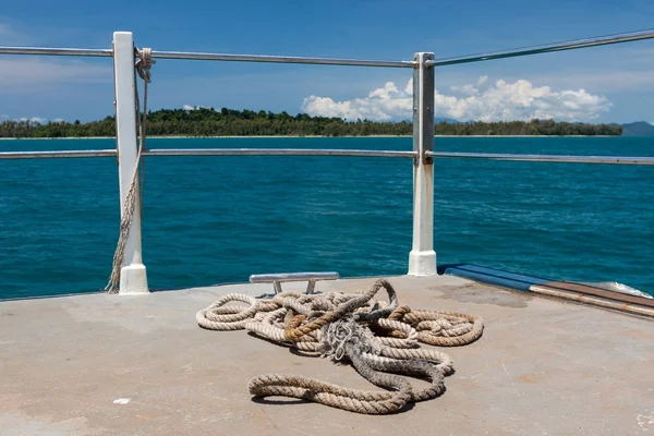 Old rope on the vessel deck in Thailand Ferry to island in siam bay