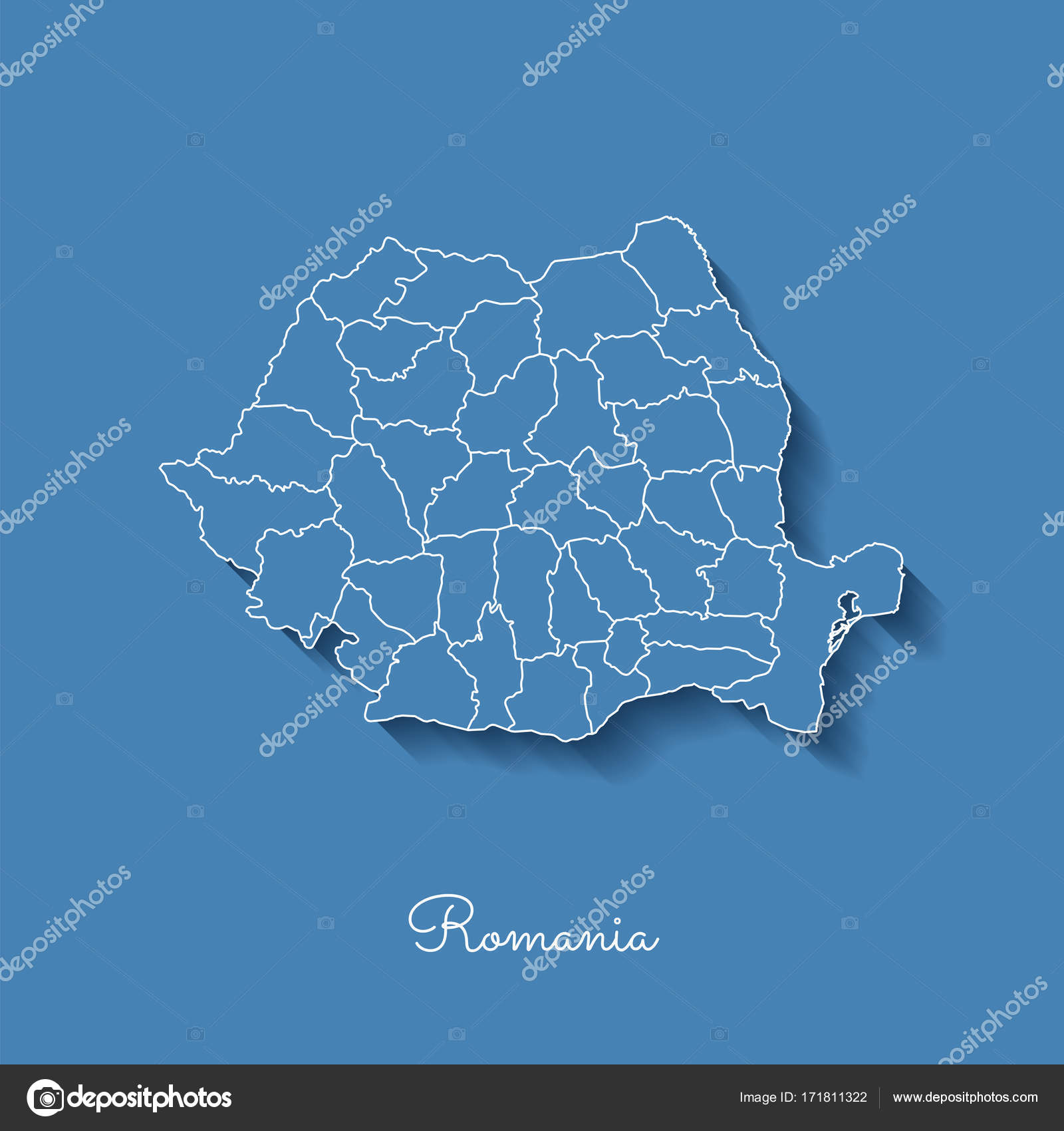 podrobná mapa rumunska Rumunsko regionu mapa modrá s Bílý obrys a stín na modrém pozadí  podrobná mapa rumunska
