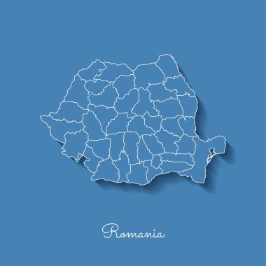 Beyaz anahat ve mavi arka plan detaylı harita Romanya gölge ile Romanya bölgesi harita mavi