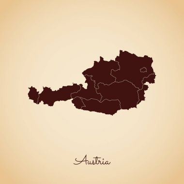 Avusturya bölgesi harita retro tarzı kahverengi anahat eski kağıt arka planda ayrıntılı harita Avusturya