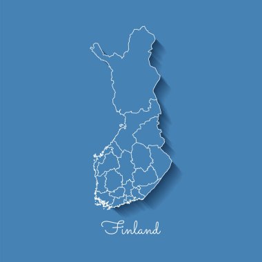 Beyaz anahat ve Finlandiya'nın mavi arka plan detaylı haritada gölge ile Finlandiya bölge harita mavi