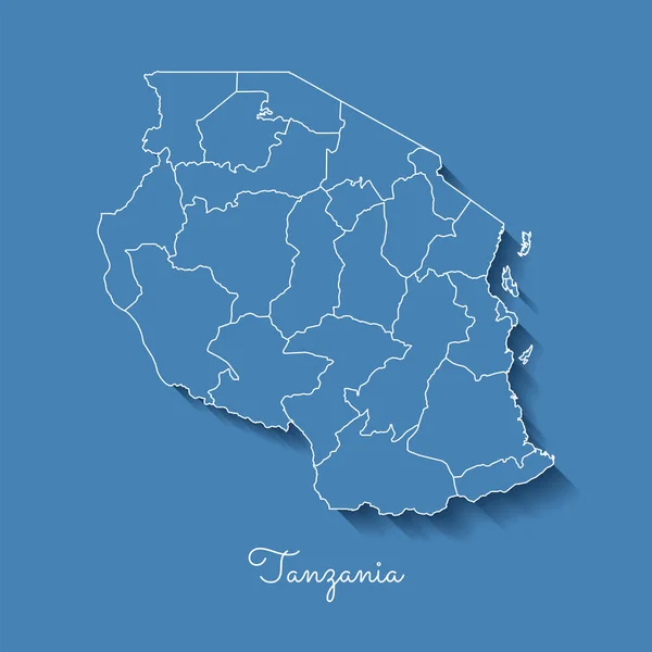 Tanzanie regionu mapa modrá s Bílý obrys a stín na modrém pozadí podrobná mapa Tanzánie — Stockový vektor