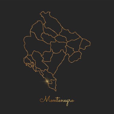 Karadağ bölgesi harita altın glitter anahat parlak yıldız koyu arka planda ayrıntılı göster