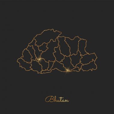 Bhutan bölgesi harita altın glitter anahat parlak yıldız koyu arka planda ayrıntılı göster