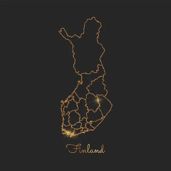 Finnland Landkarte goldener Glitzerumriss mit funkelnden Sternen auf dunklem Hintergrund Detailkarte von — Stockvektor