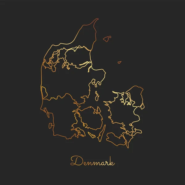 Dänemark-Landkarte Goldener Gradienten-Umriss auf dunklem Hintergrund Detailkarte der dänischen Regionen — Stockvektor
