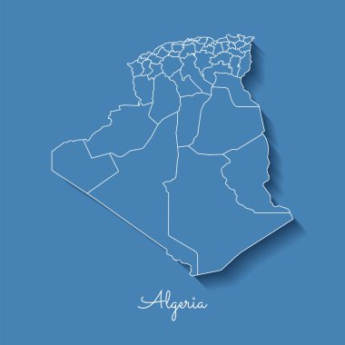 Beyaz anahat ve mavi arka plan detaylı harita Cezayir gölge ile Cezayir bölgesi harita mavi