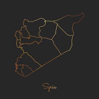 Suriye bölgesi harita altın gradyan anahat Suriye bölgeler vektör koyu arka plan detaylı haritada