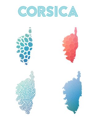 Corsica poligonal Adası Haritası mozaik stilini koleksiyonu parlak soyut mozaik geometrik haritalar