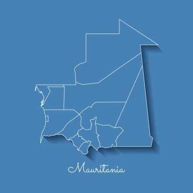 Beyaz anahat ve mavi arka plan Detaylı Haritası üzerinde gölge ile Moritanya bölgesi harita mavi
