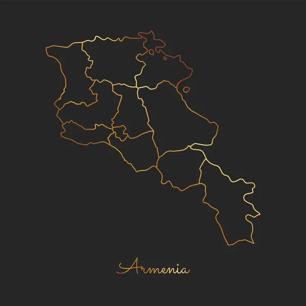 Arménie regionu mapa zlatých přechodu obrysu na tmavém pozadí podrobnou mapu Arménie regionů — Stockový vektor