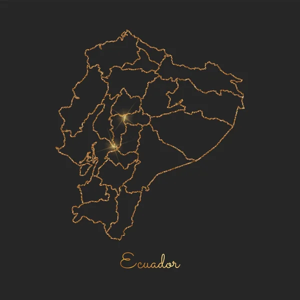 Ecuador region map goldener glitzernder Umriss mit funkelnden Sternen auf dunklem Hintergrund detaillierte Karte von — Stockvektor