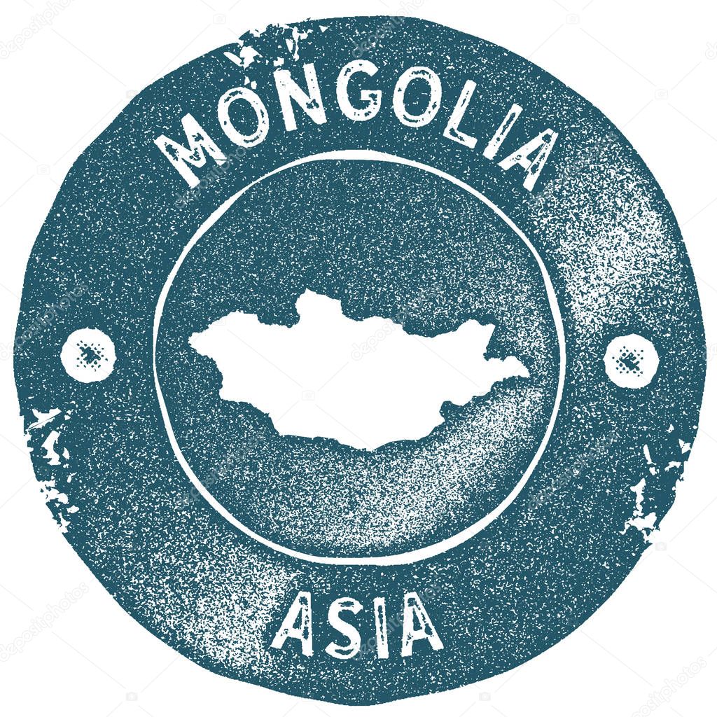 Mongolia map vintage stamp. Retro style handmade label. Mongolia badge or element for travel souvenirs. Rubber stamp with country map silhouette. Vector illustration.
