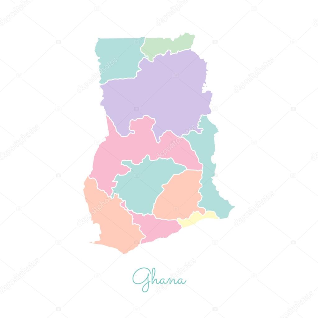 Ghana region map colorful with white outline Detailed map of Ghana regions Vector illustration