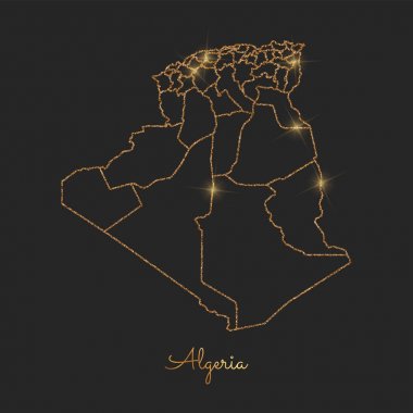 Cezayir bölgesi harita altın glitter anahat parlak yıldız koyu arka planda ayrıntılı göster