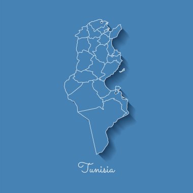Beyaz anahat ve mavi arka plan Detaylı Haritası Tunus üzerindeki gölge ile Tunus bölge harita mavi