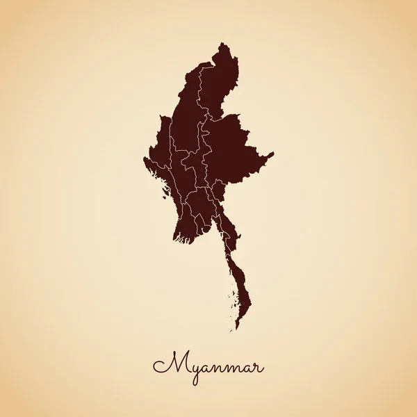 Myanmar mapa região retro estilo marrom esboço no fundo de papel velho Detalhou mapa de Myanmar —  Vetores de Stock