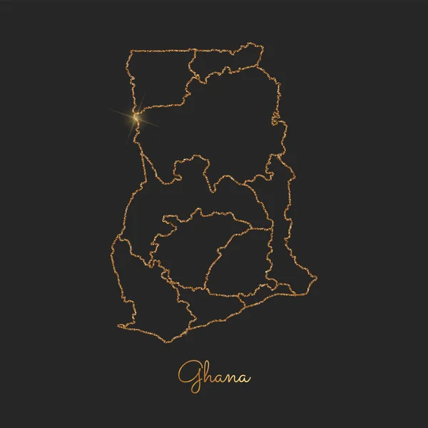 Karte der Ghana-Region goldener Glitzerumriss mit funkelnden Sternen auf dunklem Hintergrund Detailkarte von — Stockvektor