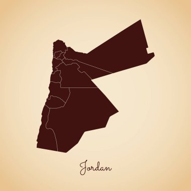 Jordan bölgesi harita retro tarzı kahverengi anahat eski kağıt arka planda ayrıntılı harita Jordan