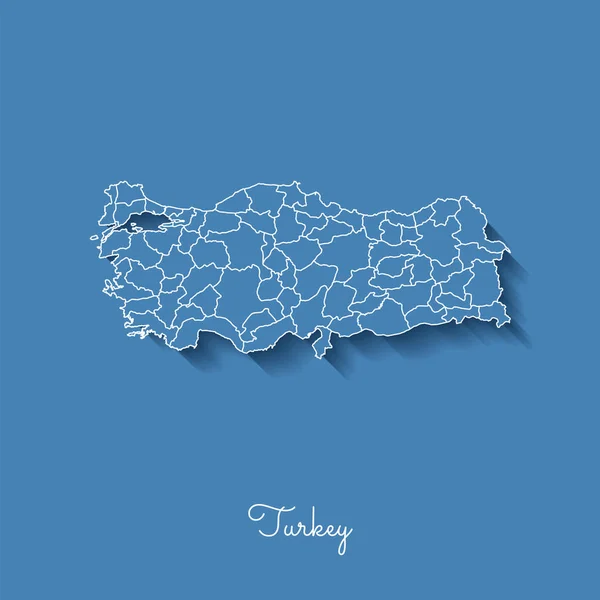터키 지역 지도 블루 화이트 개요와 터키의 파란색 배경 상세한 지도에 그림자 — 스톡 벡터
