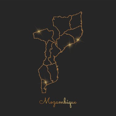 Mozambik bölgesi harita altın glitter anahat parlak yıldız koyu arka planda ayrıntılı göster