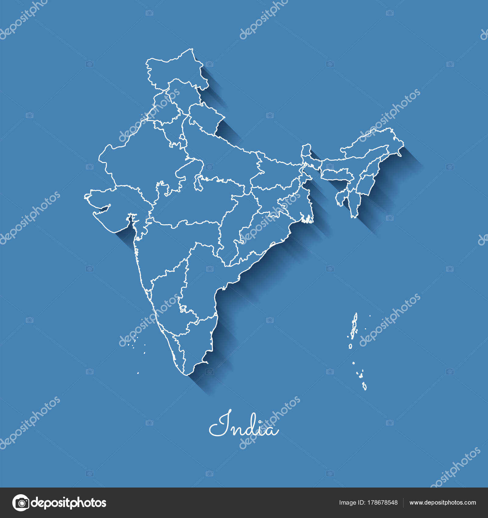 India region map blue with white outline and shadow on blue background  Detailed map of India Stock Vector Image by ©gagarych #178678548