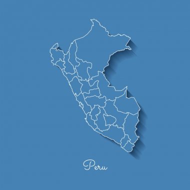 Beyaz anahat ve mavi arka plan detaylı harita Peru gölge ile Peru bölgesi harita mavi