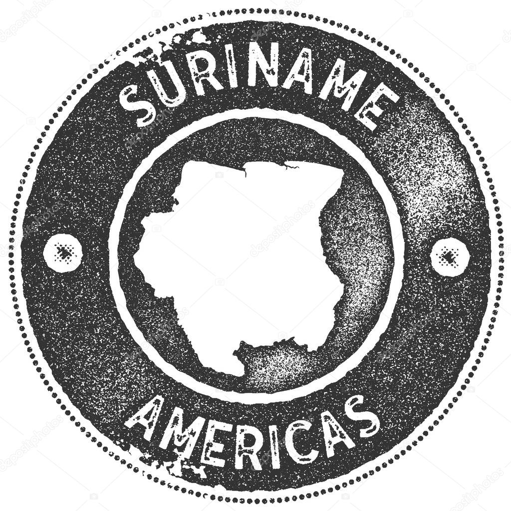 Suriname map vintage stamp. Retro style handmade label, badge or element for travel souvenirs. Dark grey rubber stamp with country map silhouette. Vector illustration.