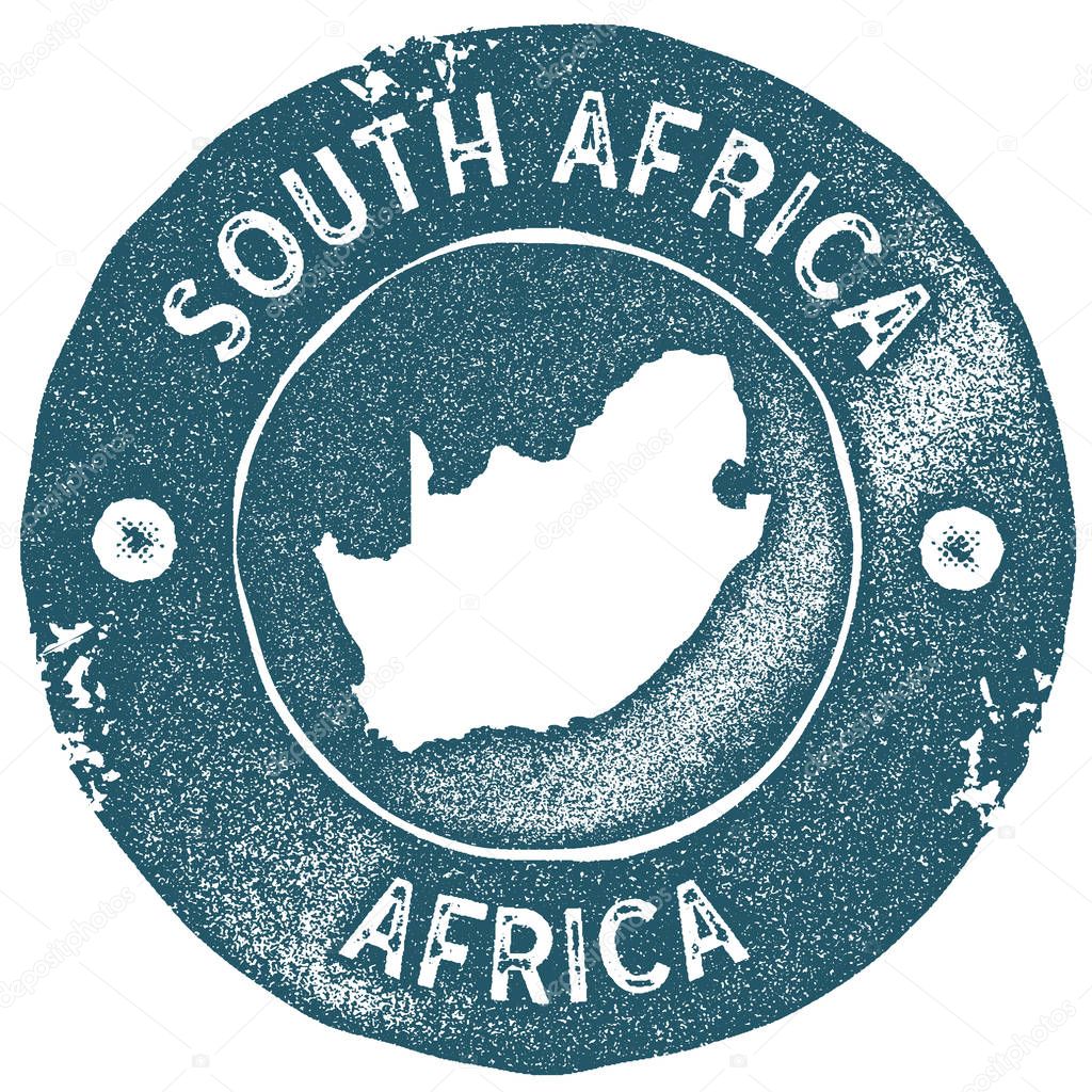 South Africa map vintage stamp. Retro style handmade label. South Africa badge or element for travel souvenirs. Rubber stamp with country map silhouette. Vector illustration.