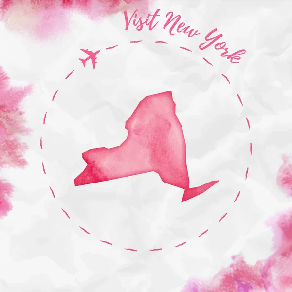 New York watercolor us state map in red colors Visit New York poster with airplane trace and