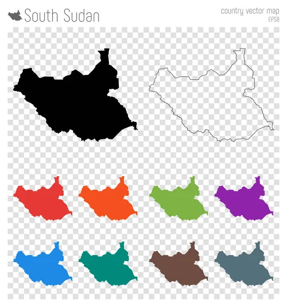 Sudán del Sur alto mapa detallado Icono de silueta de país Aislado Sudán del Sur negro esquema del mapa — Vector de stock