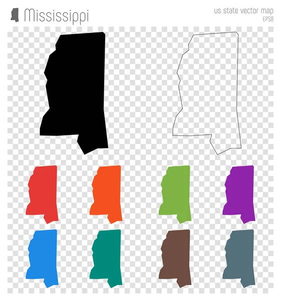 Mississippi vysoce detailní mapa nám stát silueta ikonu izolované Mississippi černá mapa osnovy — Stockový vektor