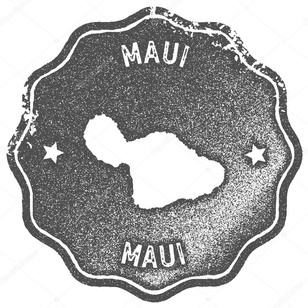Maui map vintage stamp. Retro style handmade label, badge or element for travel souvenirs. Grey rubber stamp with island map silhouette. Vector illustration.
