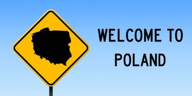 Polonya harita yol işareti geniş afiş üzerinde Polonya ülke harita üzerinde sarı rhomb yol işaret vektör ile