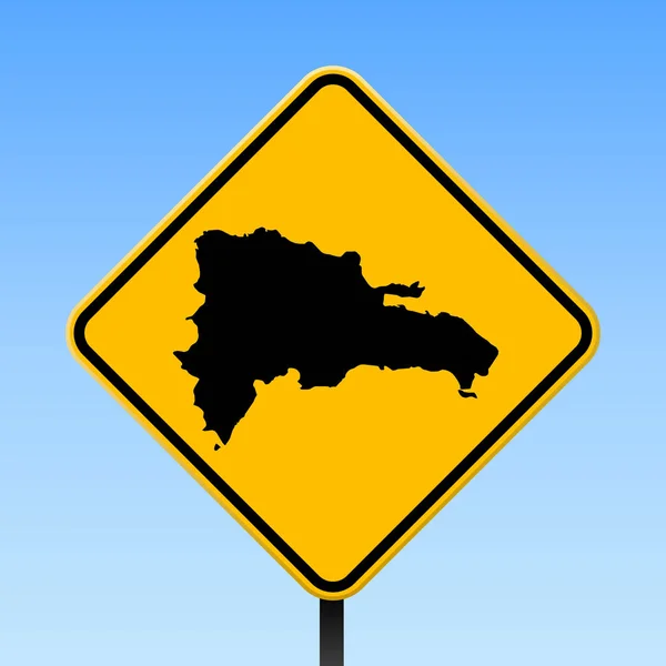 Peta Dominicana pada rambu jalan Poster persegi dengan peta negara Dominicana pada tanda jalan pinggir jalan kuning - Stok Vektor