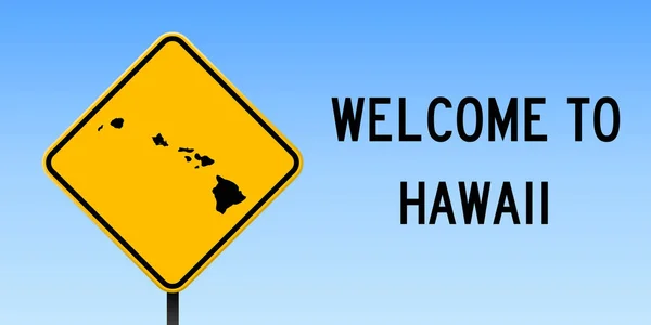 Hawaii map on road sign Wide poster with Hawaii island map on yellow rhomb road sign Vector — Stock Vector